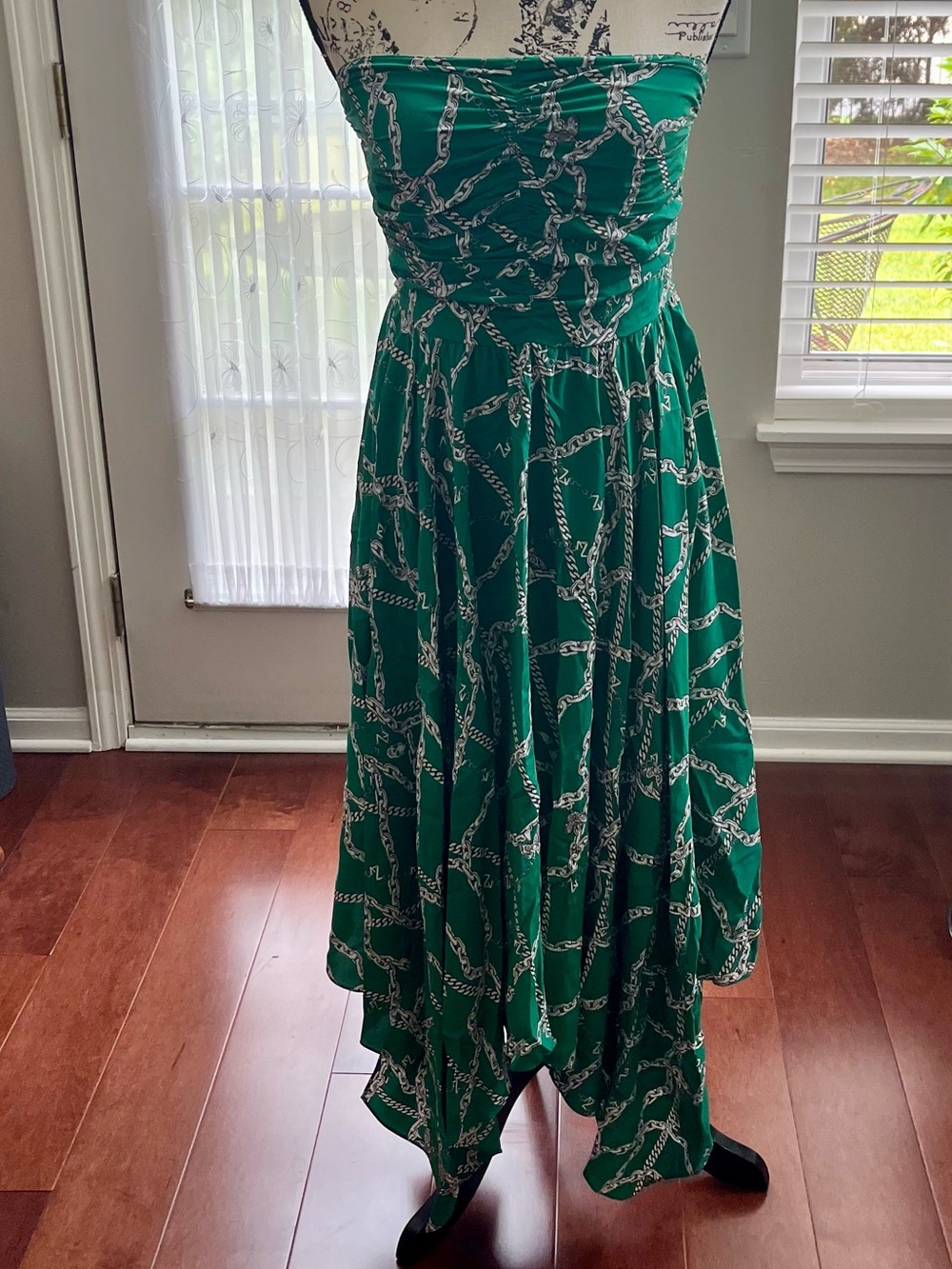 Zadig & Voltaire Green Chain Print 100% Silk Strapless Midi Dress S